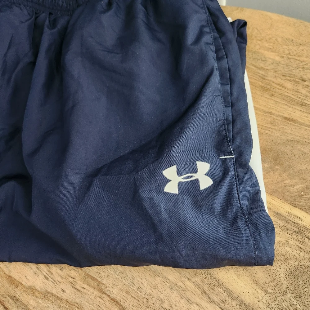 Men's Blue Under Amour Loose Athletic Pants with White Side Stripe and Zipper